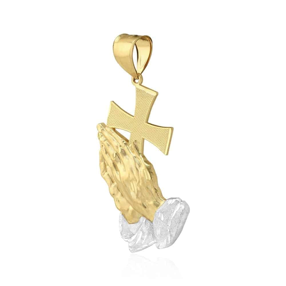 10K Real Gold Diamond-Cut Cross Praying Hands Religious Charm Pendant