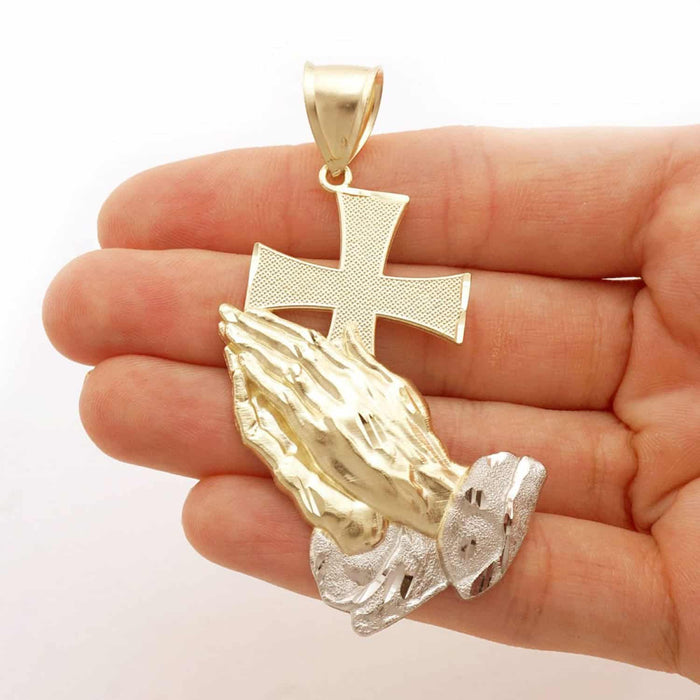 10K Gold Diamond-Cut Cross Praying Hands Religious Pendant