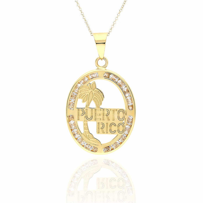 10K Gold CZ Puerto Rico Palm Tree Oval Shape Disc Pendant