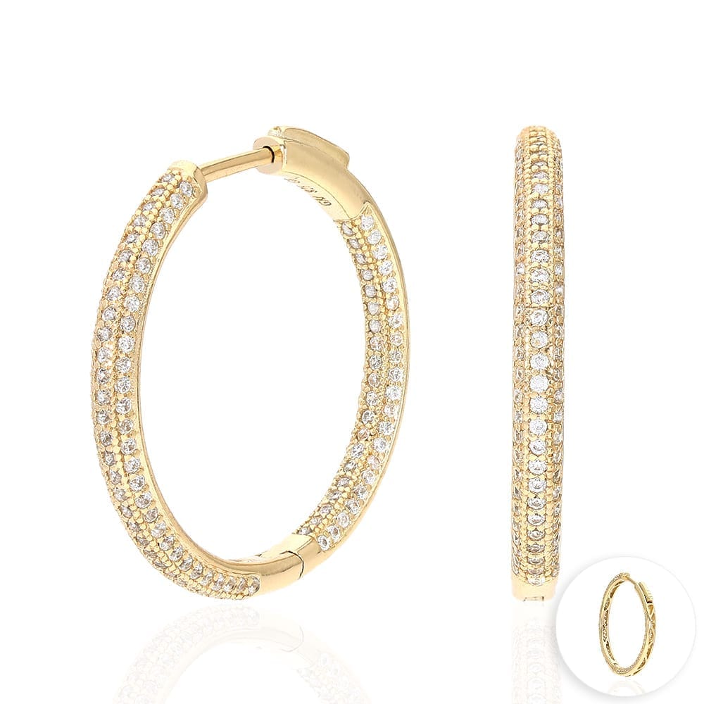 14k Yellow Gold Over 925 Sterling Silver Pave CZ Hoop Earrings