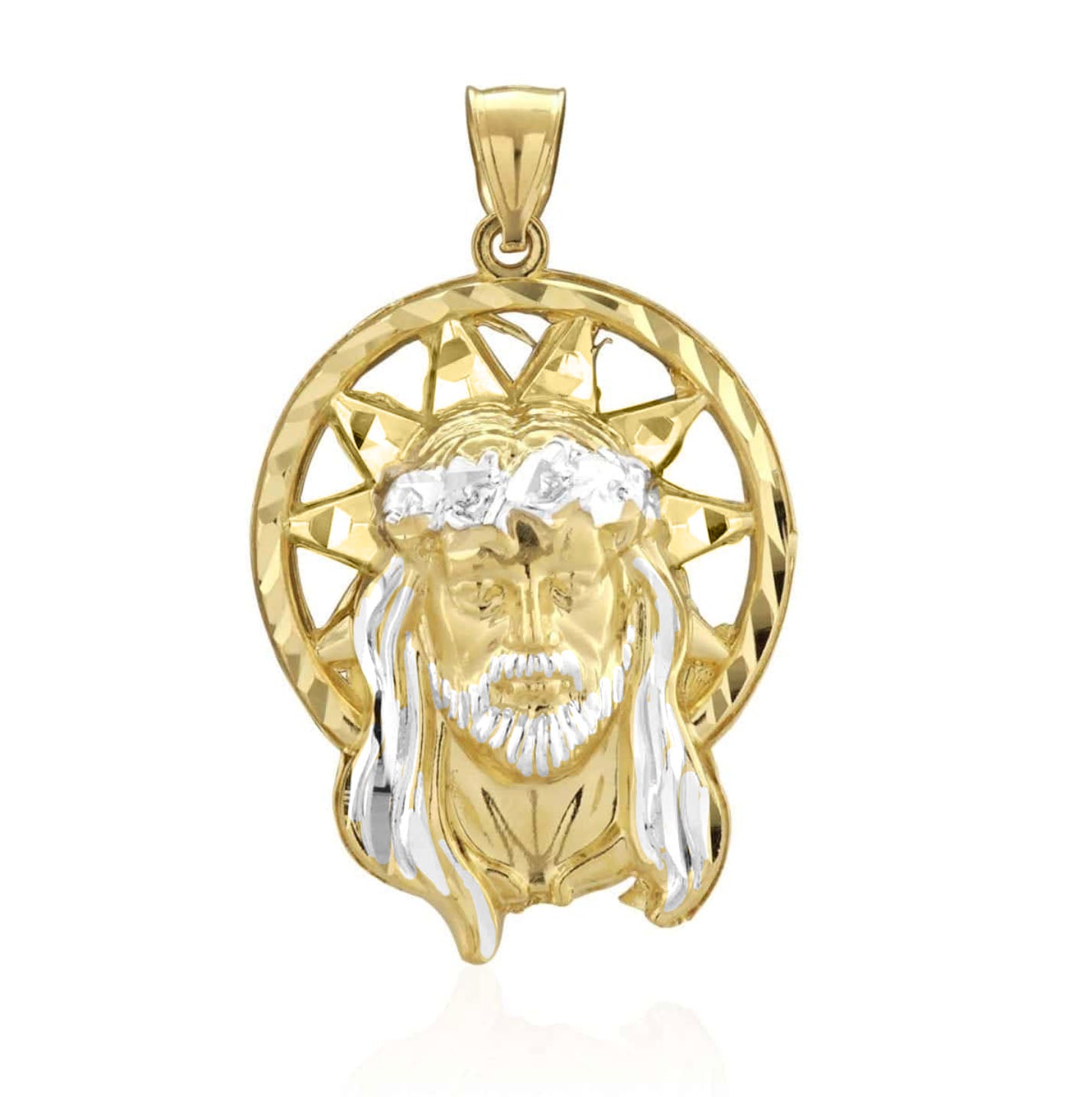 10k Solid Yellow Gold Diamond-Cut Halo Jesus Head Face Pendant 1.2"-1.8"