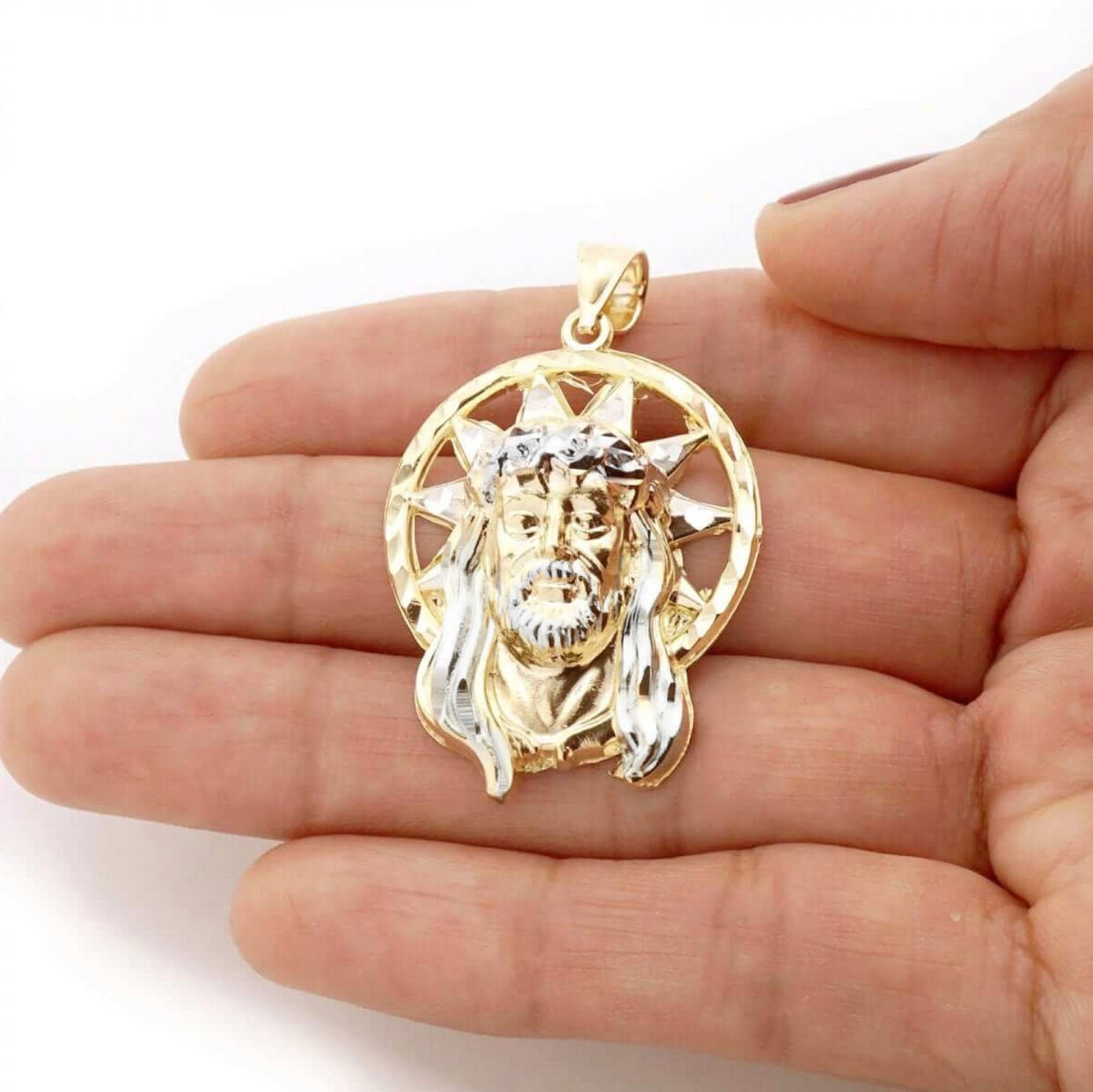 10k Solid Yellow Gold Diamond-Cut Halo Jesus Head Face Pendant 1.2"-1.8"