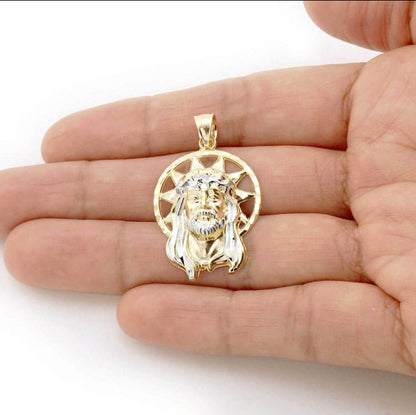 10k Solid Yellow Gold Diamond-Cut Halo Jesus Head Face Pendant 1.2"-1.8"