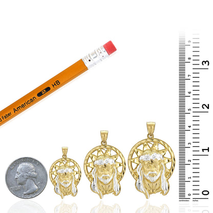 10k Solid Yellow Gold Diamond-Cut Halo Jesus Head Face Pendant 1.2"-1.8"