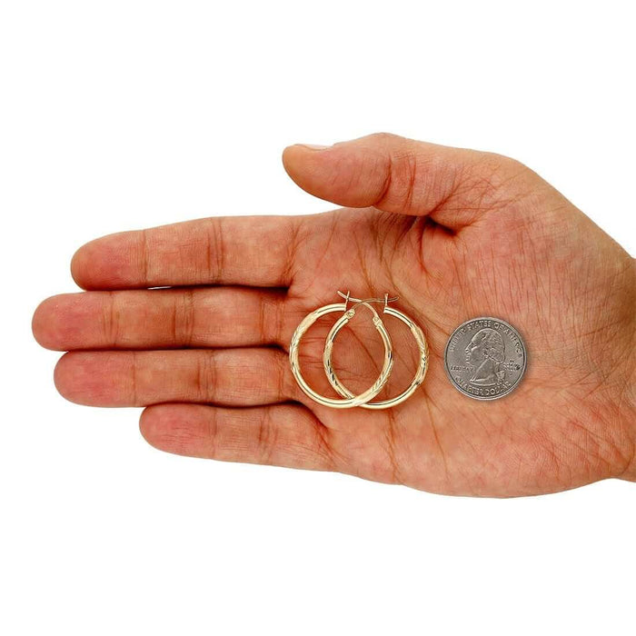 14K Solid Yellow & White Gold 3mm Diamond-Cut Finish Hoop Earrings 19-75mm