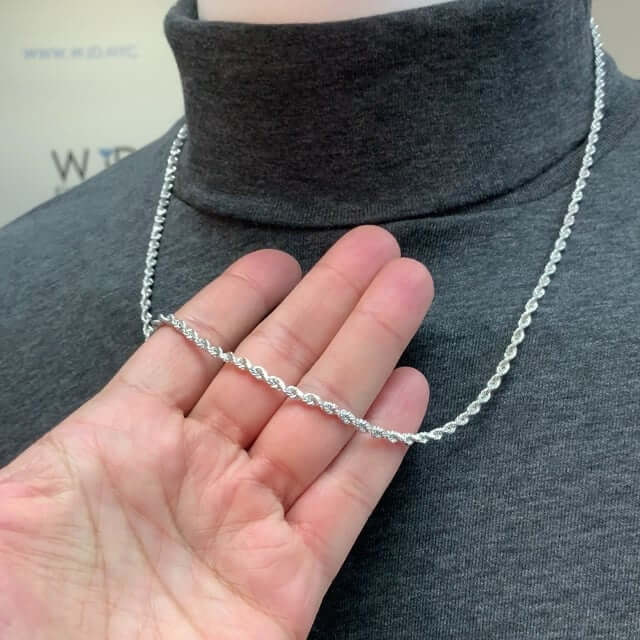 14K White Gold 3mm Diamond-Cut Rope Chain (Solid Links) 16"-30"
