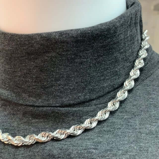 14K White Gold 8mm Diamond-Cut Rope Chain (Solid Links) 20"-28"