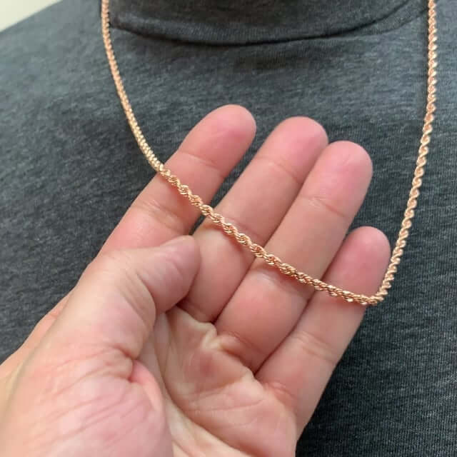 14K Rose Gold 3mm Diamond-Cut Rope Chain (Solid Links) 18"-30"