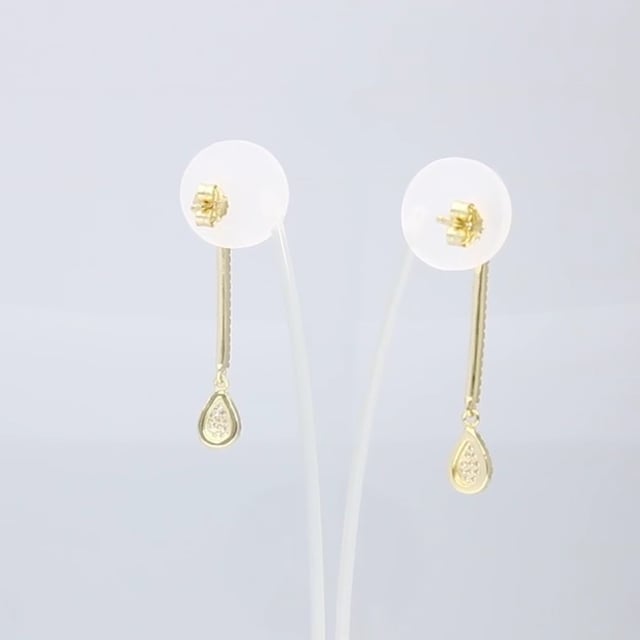White Yellow Gold Over 925 Silver Pave CZ Pushback Bar  Teardrop Earrings