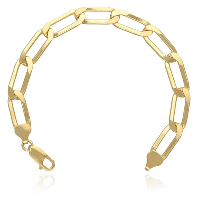 14K Yellow Gold Over Solid Silver 8mm Elongated Paperclip Bracelet (Solid Links) 7"