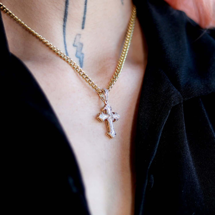 0.46CT TW. Natural Diamond Cross Pendant 10K Yellow Gold 1.6"