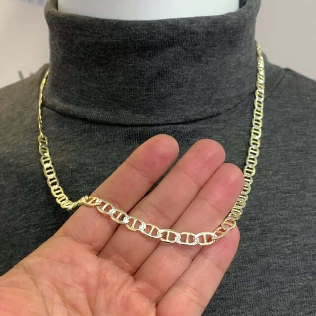 14K Yellow Gold Over Sterling Silver 6mm Diamond-Cut Mariner Anchor Chain (Solid Links) 20"-30"