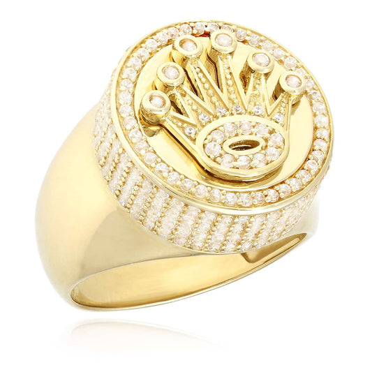 14K Gold Yellow CZ Crown Signet Mens Ring