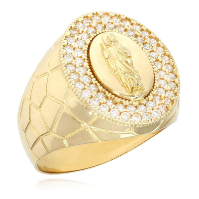14K Yellow Gold CZ Saint Jude Nugget Oval Signet Ring