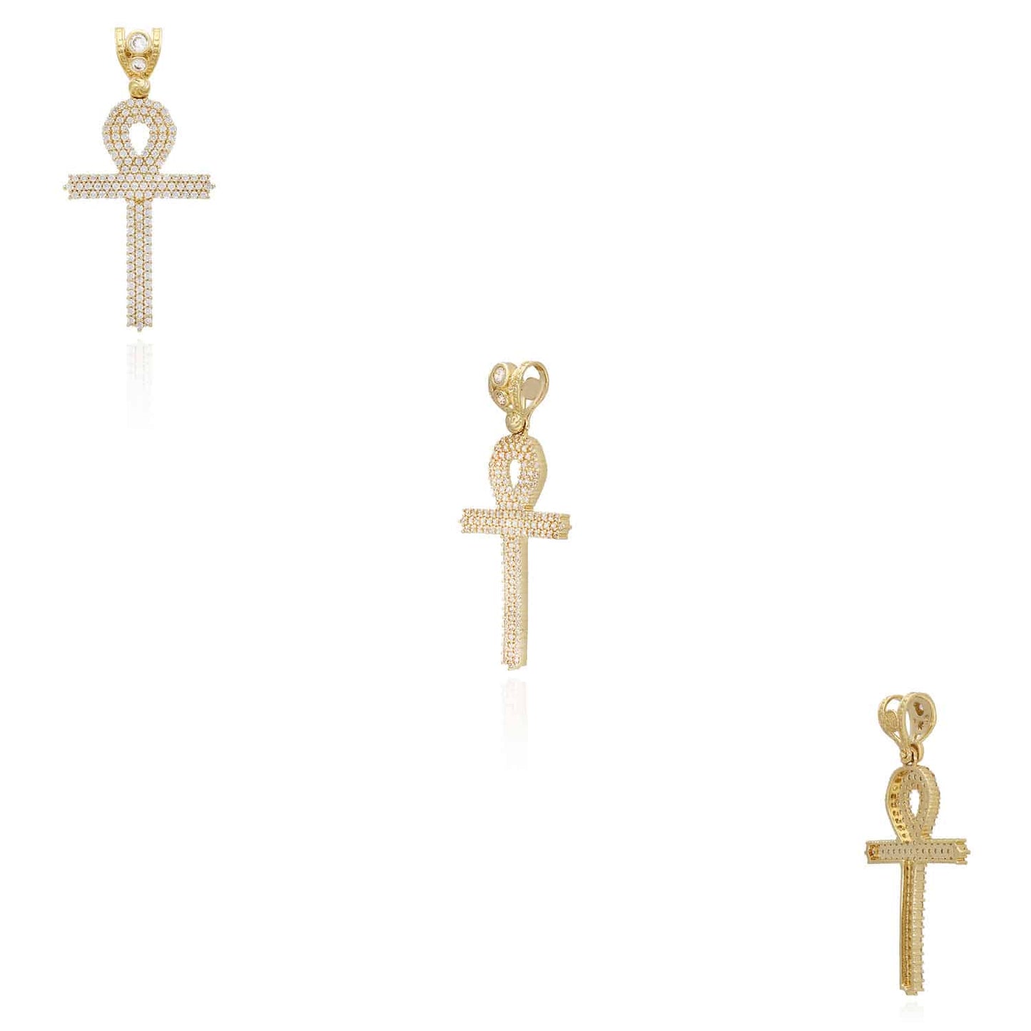 14K Yellow Gold CZ Pave Ankh Cross Pendant 1.8"