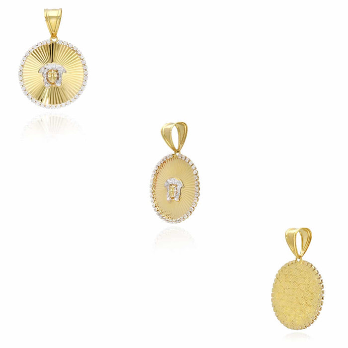 10K Yellow Gold CZ Medusa Head Round Medallion Pendant 1.77"
