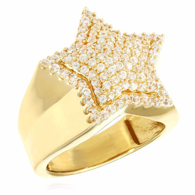 14K Yellow Gold CZ Pave Massive Five Pointed Star Signet Ring