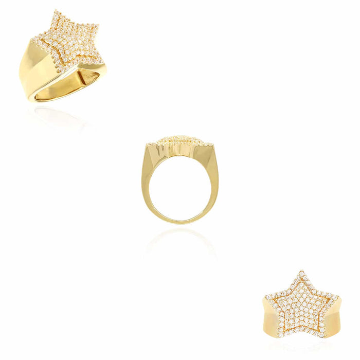 14K Yellow Gold CZ Pave Massive Five Pointed Star Signet Ring
