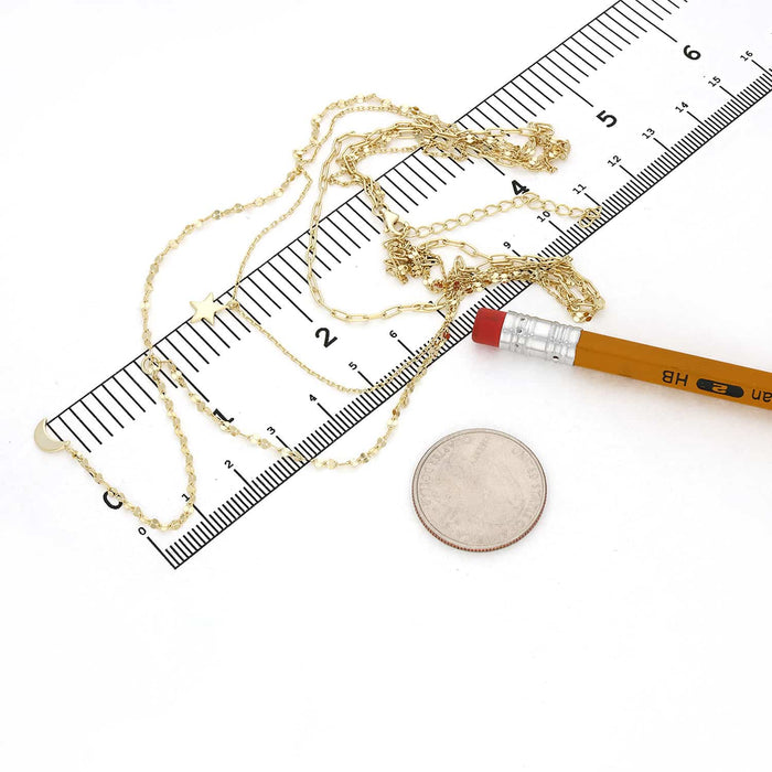 18K Gold Over Sterling Silver Moon and Star Layered Necklace (Solid Links) 15"-17"