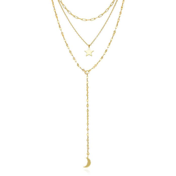 18K Gold Over Sterling Silver Moon and Star Layered Necklace (Solid Links) 15"-17"