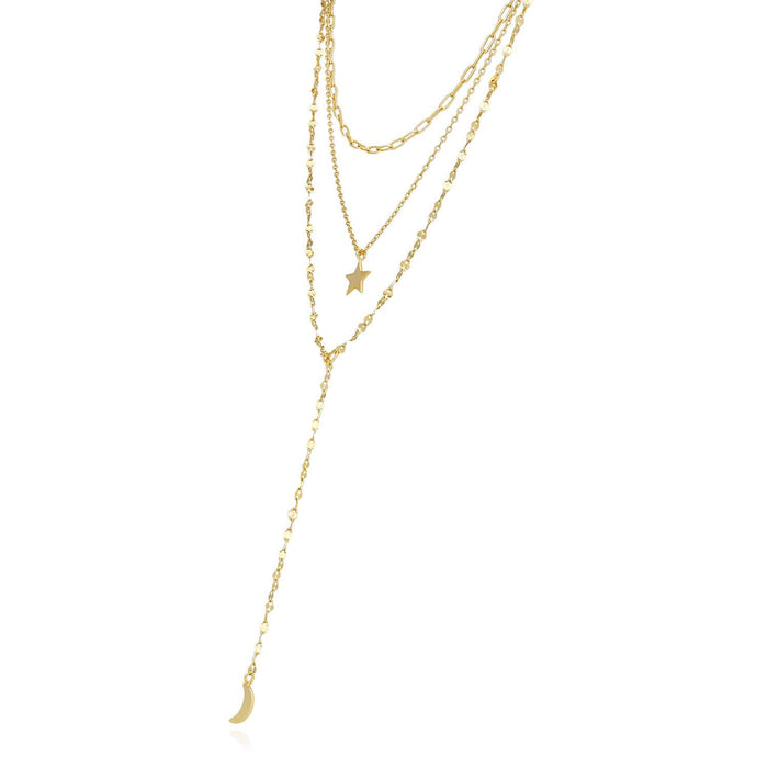 18K Gold Over Sterling Silver Moon and Star Layered Necklace (Solid Links) 15"-17"