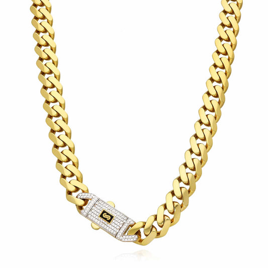 14K Gold Classic Plain w/ Swarovski Lock 11.5mm Miami Monaco Chain 16"-24"