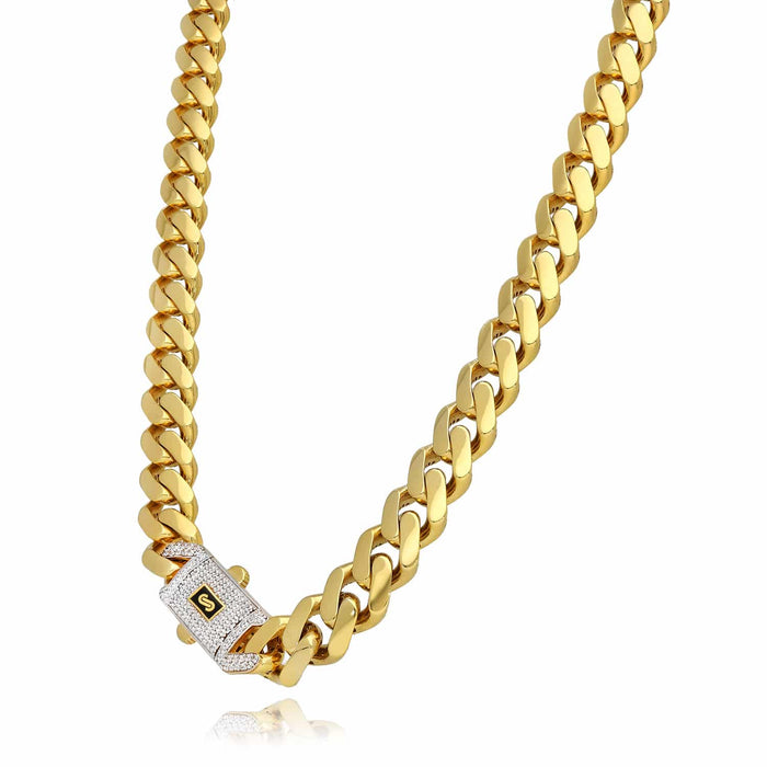 14K Gold Classic Plain with Swarovski Lock 11.5mm Miami Monaco Chain (Hollow) 16"-24"