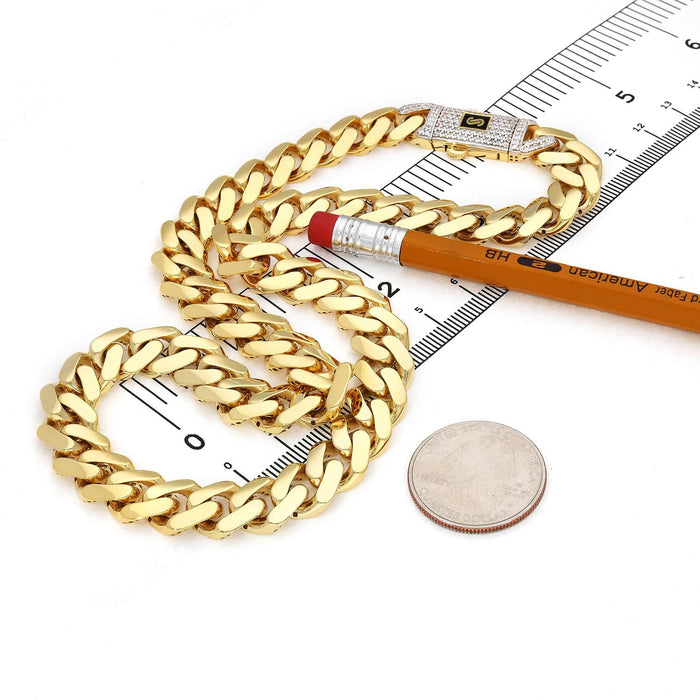 14K Gold Classic Plain with Swarovski Lock 11.5mm Miami Monaco Chain (Hollow) 16"-24"