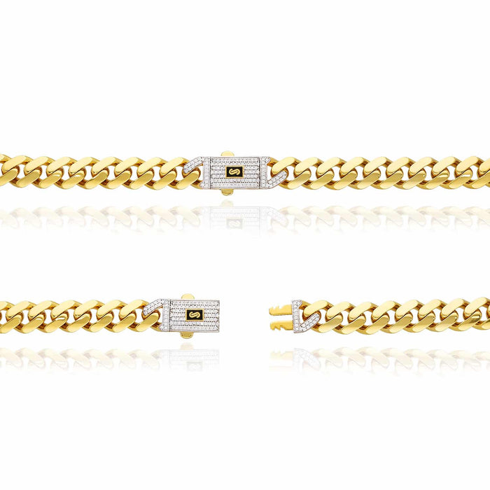 14K Gold Classic Plain with Swarovski Lock 11.5mm Miami Monaco Chain (Hollow) 16"-24"