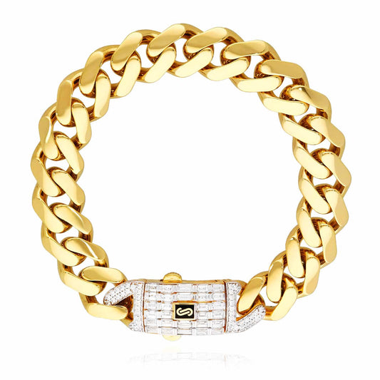 10K Yellow Gold Classic Plain w/ Swarovski Lock 13mm Miami Monaco Bracelet 8.5"