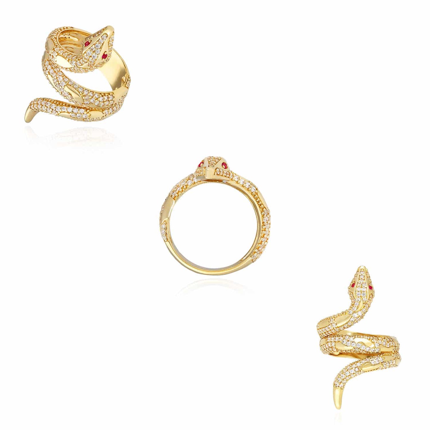 14K Real CZ Red Ruby Eyes Snake Ring
