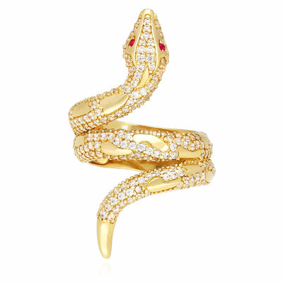 14K Real CZ Red Ruby Eyes Snake Ring