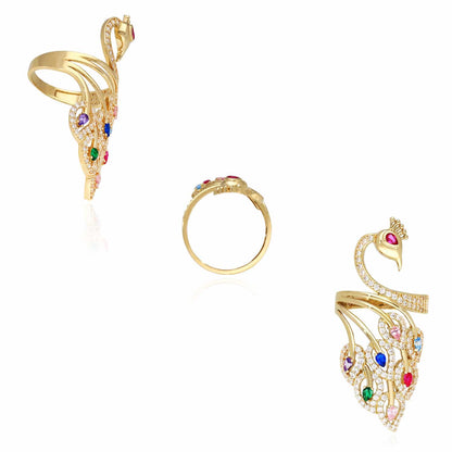 14K Gold Yellow Multicolor Simulated Gem Bird Peacock Cocktail Ring