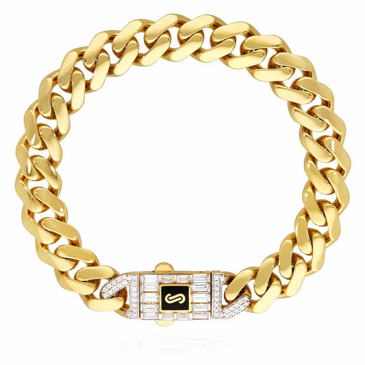 10K Yellow Gold Classic Plain w/ Swarovski Lock 11mm Miami Monaco Bracelet 8.5"