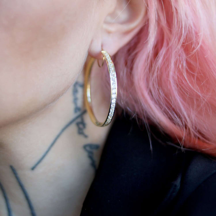 14K Gold Eternity Round CZ Channel Set Hoop Earrings 1.57"-2.17"