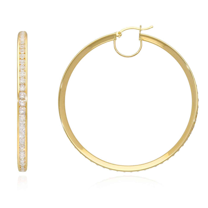 14K Gold Eternity Round CZ Channel Set Hoop Earrings 1.57"-2.17"