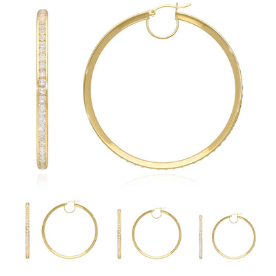 14K Gold Eternity Round CZ Channel Set Hoop Earrings 1.57"-2.17"