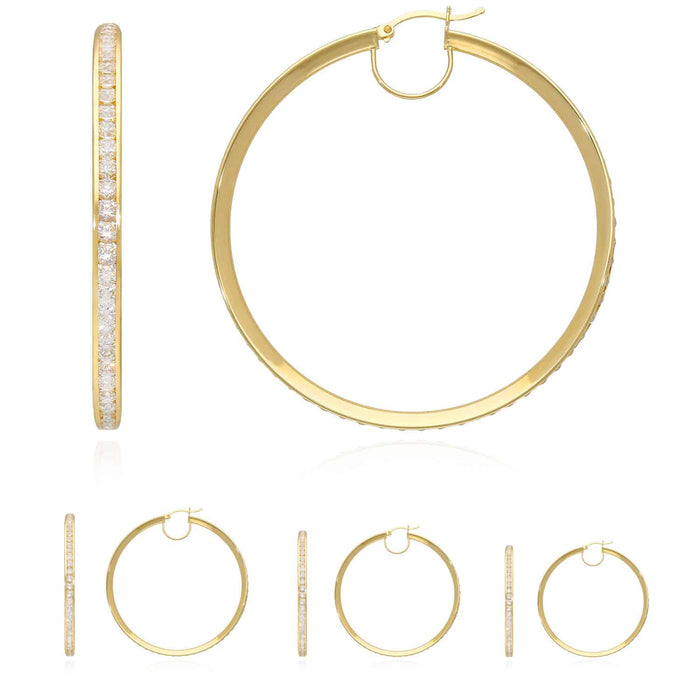 14K Gold Eternity Round CZ Channel Set Hoop Earrings 1.57"-2.17"