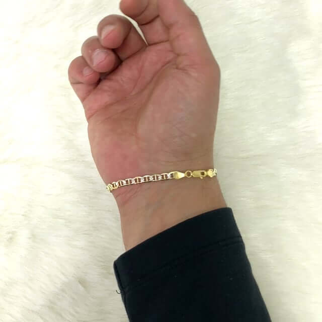 14K Yellow Gold Over Silver 4.4mm Diamond-Cut Pave Mariner Anchor Bracelet (Solid Links) 7"-9"