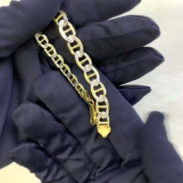 14K Yellow Gold Over Silver Diamond-Cut Pave Mariner Anchor Bracelet (Solid Links) 8.5"