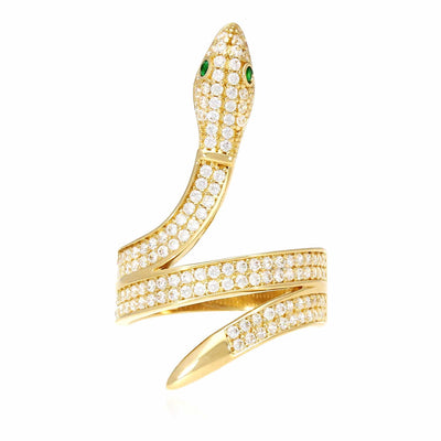 14K Yellow Gold 3.8CTW CZ Pave Emerald Green Eyes Snake Ring