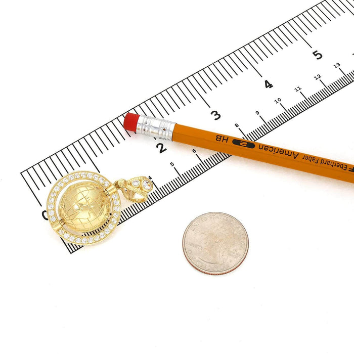 10K Yellow Gold 1.8CTW CZ Rotating Globe Pendant 1.57"