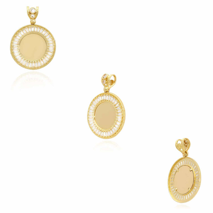 14K Yellow Gold Baguette CZ Photo Medallion Pendant 1.10", 1.26"