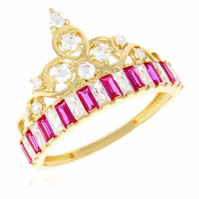 14K Yellow Gold 1.3CTW CZ And Ruby Royal Crown Cocktail Ring