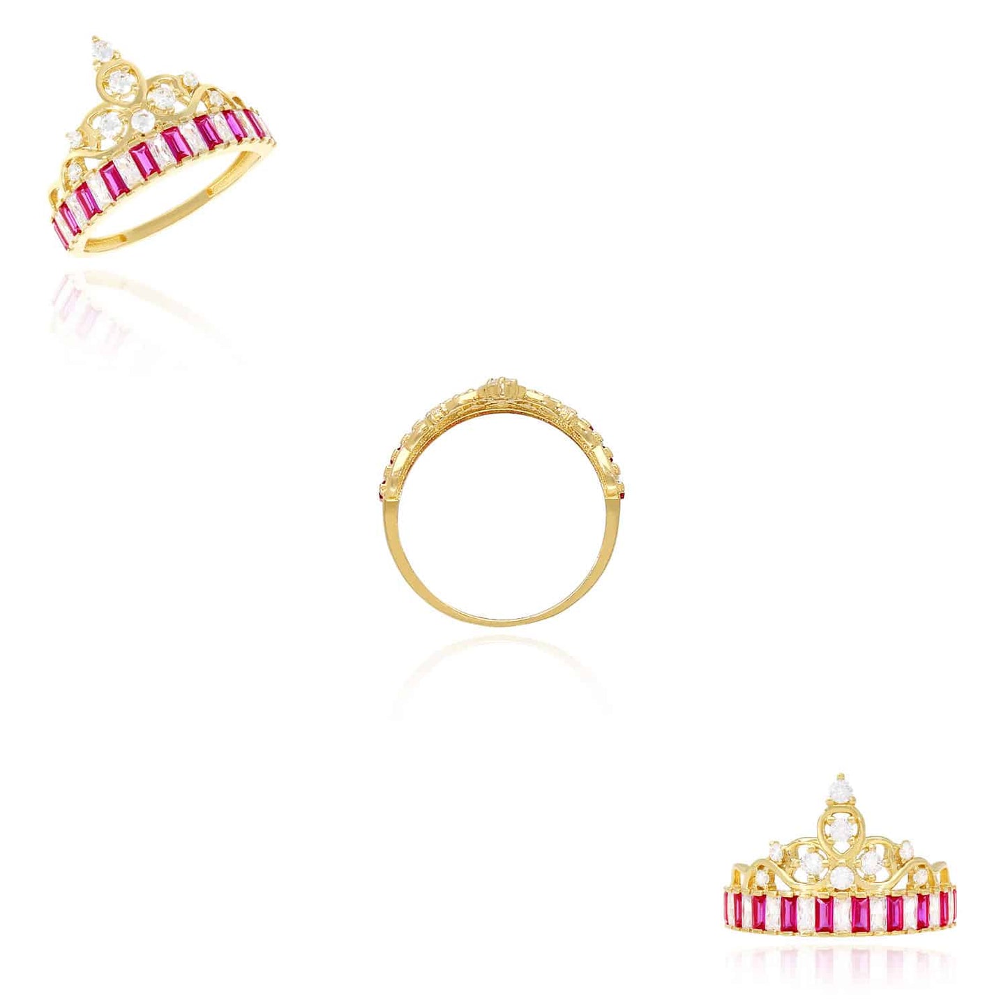 14K Yellow Gold 1.3CTW CZ And Ruby Royal Crown Cocktail Ring
