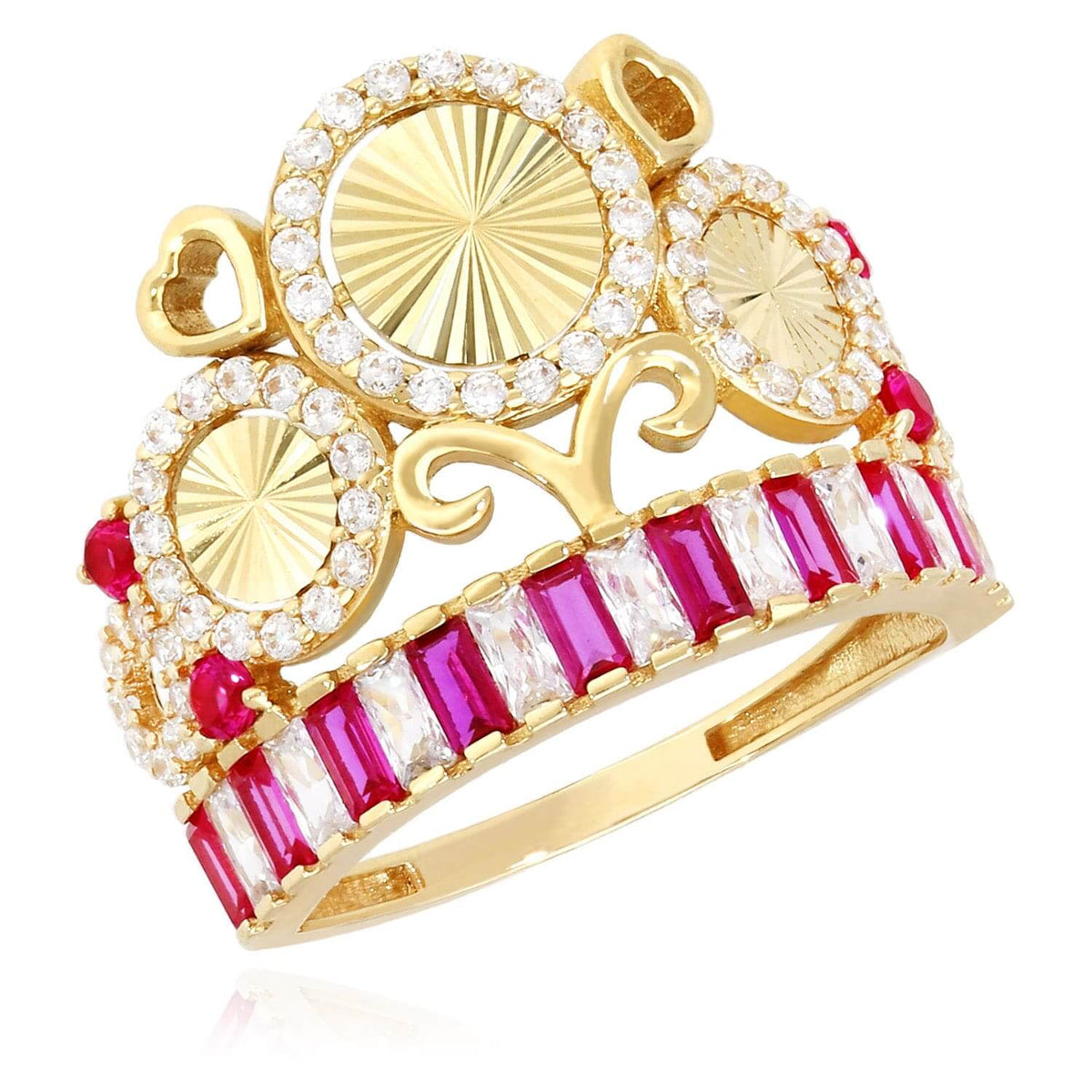 14K Yellow Gold 1.5CTW CZ & Ruby Royal Crown Round Cocktail Ring