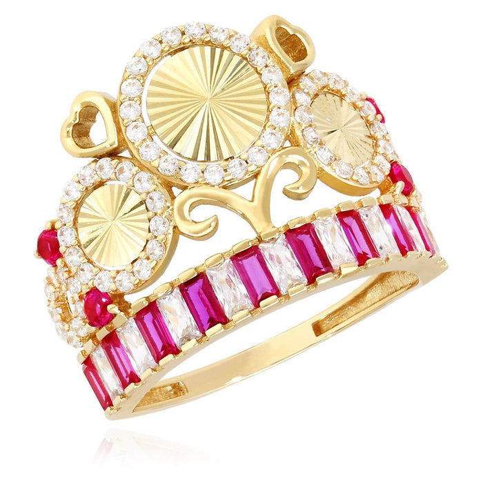 14K Yellow Gold 1.5CTW CZ & Ruby Royal Crown Round Cocktail Ring