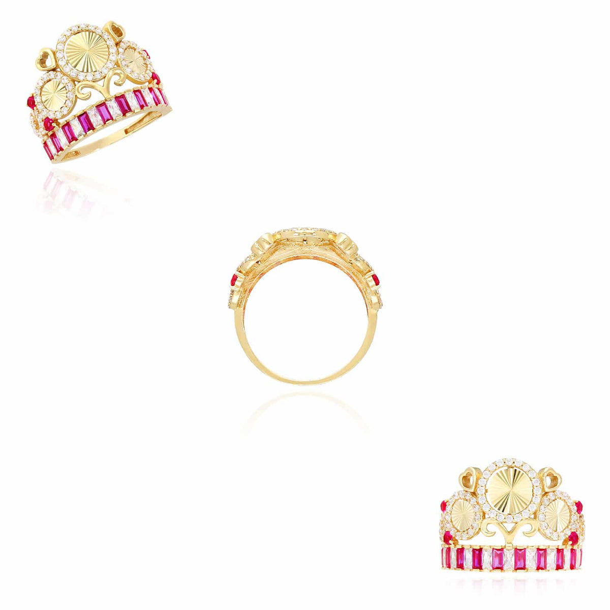 14K Yellow Gold 1.5CTW CZ & Ruby Royal Crown Round Cocktail Ring