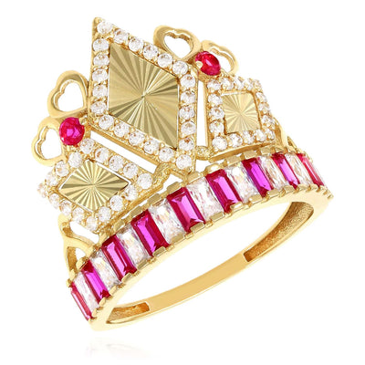 14K Yellow Gold 1.25CTW CZ Ruby Royal Crown Rhombus Cocktail Ring