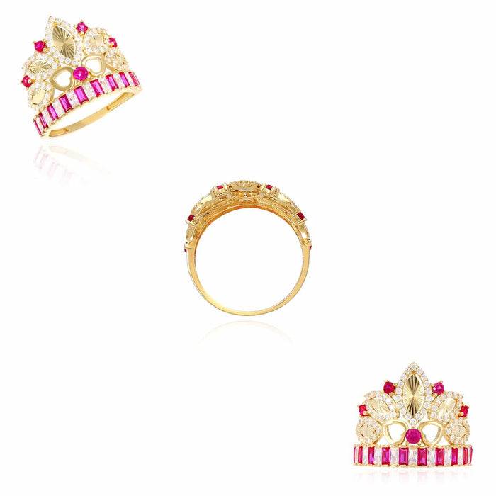 14K Yellow Gold 1.75CTW CZ & Ruby Royal Crown Heart Cocktail Ring